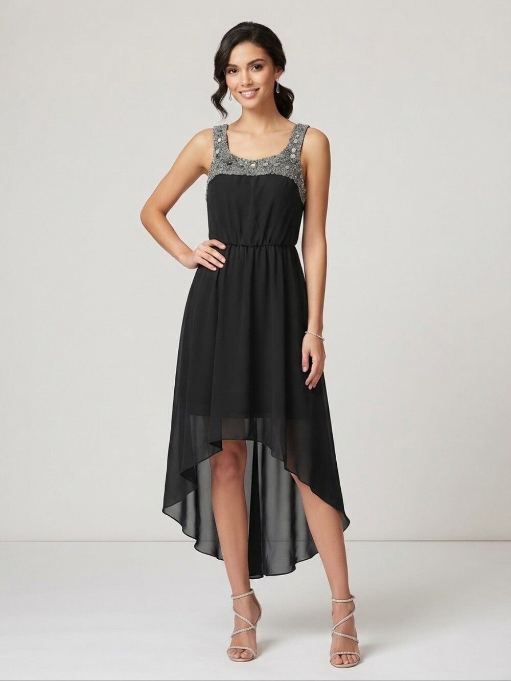 NEW Black High-Low Sleeveless Dress with Embellished Neckline Size M/6